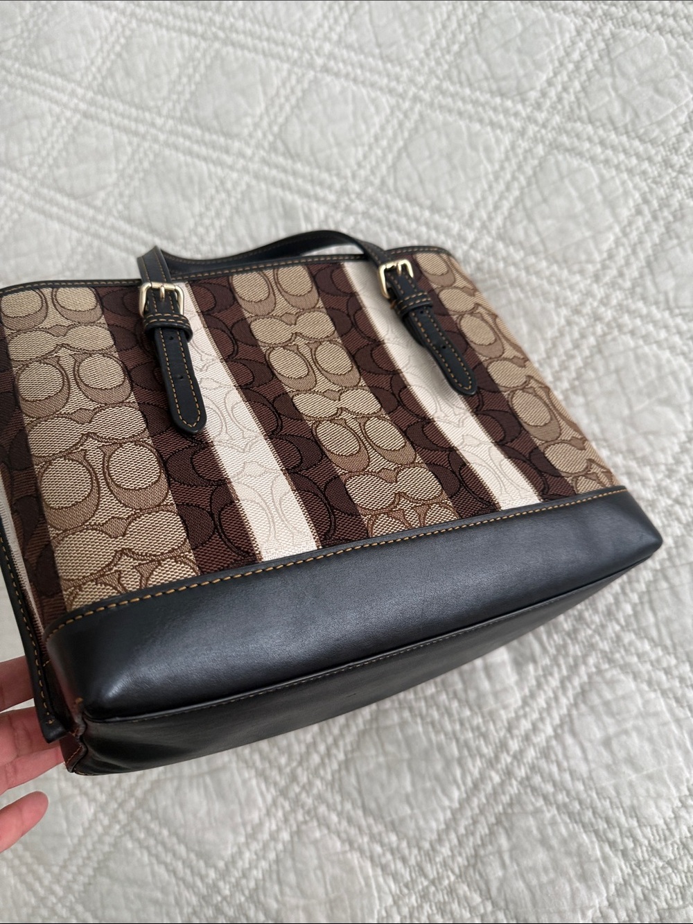 COACH Mollie Tote 25 In Signature Jacquard With Stripes Bag Brown Black READ - Picture 14 of 17
